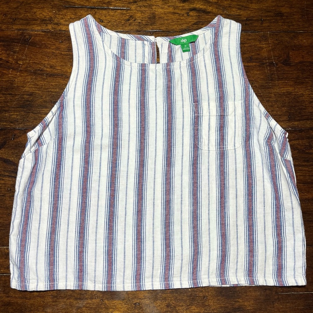 dip Striped Tank Top Womens M White Blue Red Linen Blend Nautical Americana Boho